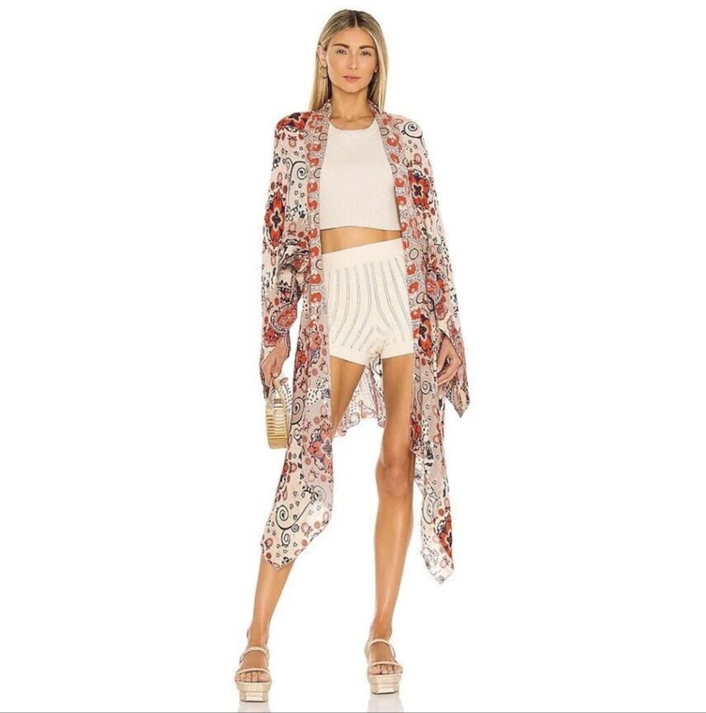 Free People Little Wing Duster Kimono Cream Red Blue Print One Size Boho